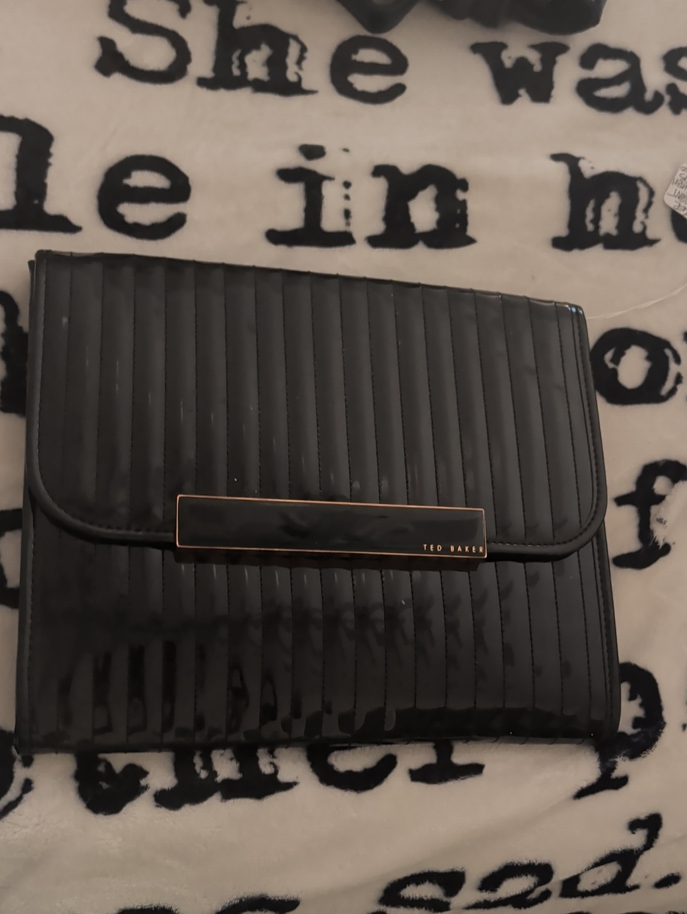 Ted Baker Black Quilted Patent Envelope Clutch with Gold Trim